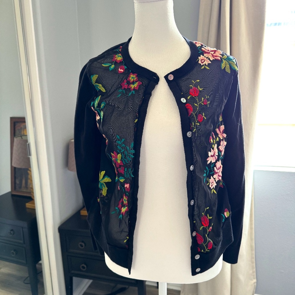 Womens Embroidered Floral Any Day Cardigan - A New Day Black Size Small